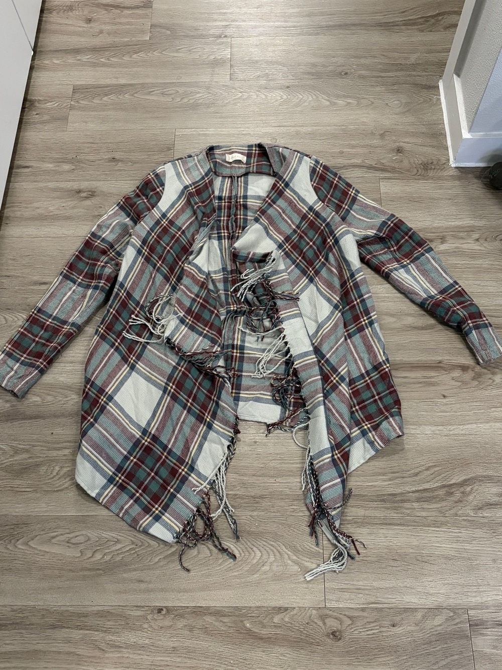Altar'd State Cream, Red & Teal Plaid Fringe Open-Front Cardigan